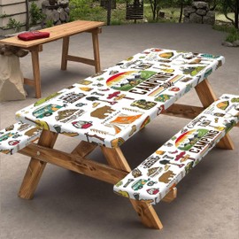 Picnic Table Cover with Bench Covers Camper RV Camping Essentials Waterproof Windproof Camping Tablecloth with Drawstring Bag, Fitted Rectangle Tables and Seats White，72" x 30" inch
