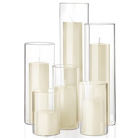 Shihanee Set of 6 Pillar Candles and Glass Cylinder Vases 6 Sizes Clear Tall Cylinder Holders for Pillar Candles Home Table Centerpieces Decoration (Ivory)