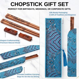 MUMSUNG Chopstick Reusable, Wooden Dragon Chopsticks with Holder and Carrying Bags, Chinese Traditional Chop Sticks Set 9 1/4 Inches Blue
