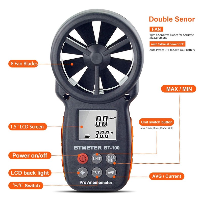 BTMETER BT-100APP Anemometer w/Wireless Bluetooth, Digital Handheld Wind Speed Meter