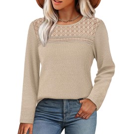 Fall Outfits for Women 2025 Long Sleeve Shirts Business Casual Waffle Knit Tops Crew Neck Cruise Travel Outfits Teen Girl Loose Fit Beige S