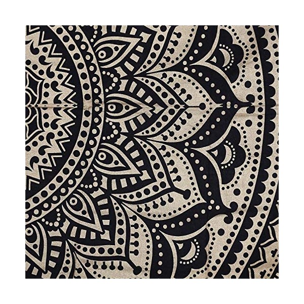 Bless International Indian Traditional Mandala Hippie Wall Hanging, Cotton Tapestry Ombre Bohemian Bedspread (Queen (84x90 Inches)(215x230 Cm), Black Gold)