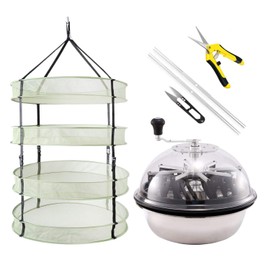 iPower 16-Inch Bud Leaf Bowl Trimmer Twisted Spin Cut for Plant and Flower, Upgraded Gears, Combo with 2FT 4 Layers Hanging Herb Drying Rack Net, 6.5” Gardening Hand Pruner, Yellow