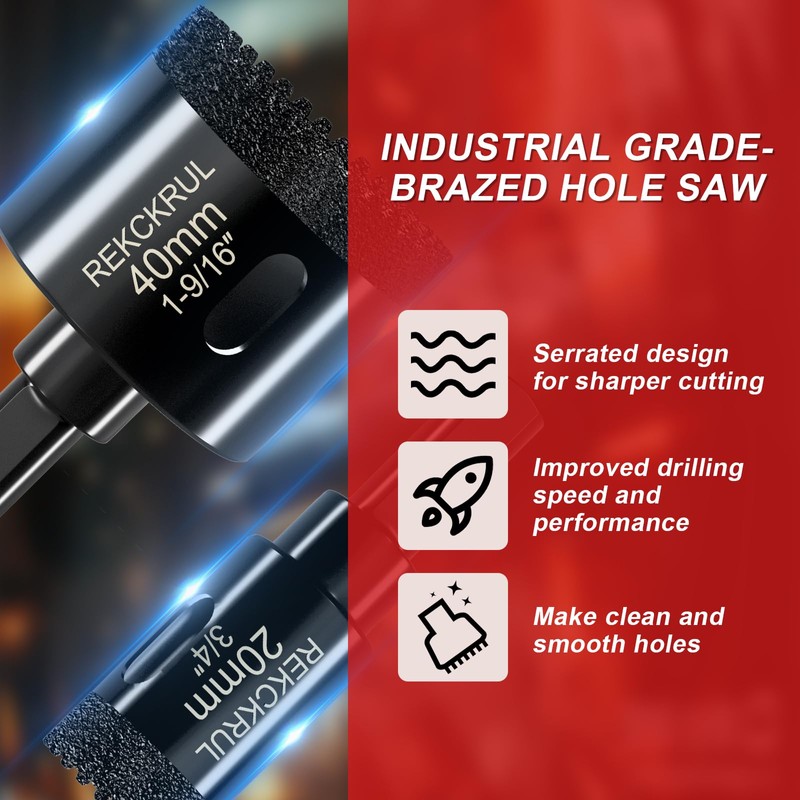 REKCKRUL 10 PCS Diamond Hole Saw Set, Serrated Brazing Tile