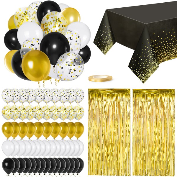 Black Gold Balloons Party Decorations Supplies Birthday Decorations Include 60 Balloons, 2 Foil Fringe Curtains, 1 Foil Ribbon, 1 Tablecloth for New Years Birthday Graduation Anniversary Party(Black Gold Party Decorations)