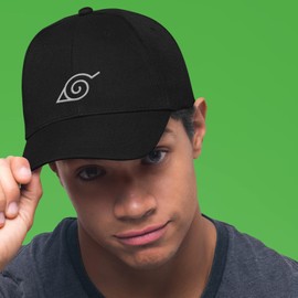 Hidden Leaf Village Symbol Cap Sports Hat - Anime Manga Japanese Japan Naruto Ninja Hokage Nine-Tails Fox TV Show Cartoon Athletic Outdoor Gift Present (One Size, Black Prime)