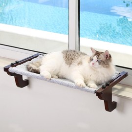Zakkart Easy Seat Cat Perch for Window Sill - Hammock Design w/Pine Wood & Robust Metal Frame - Cat Window Seat for Large Cats and Kittens - Color: Natural Color Wood w/ Gray Bed, Size: Large