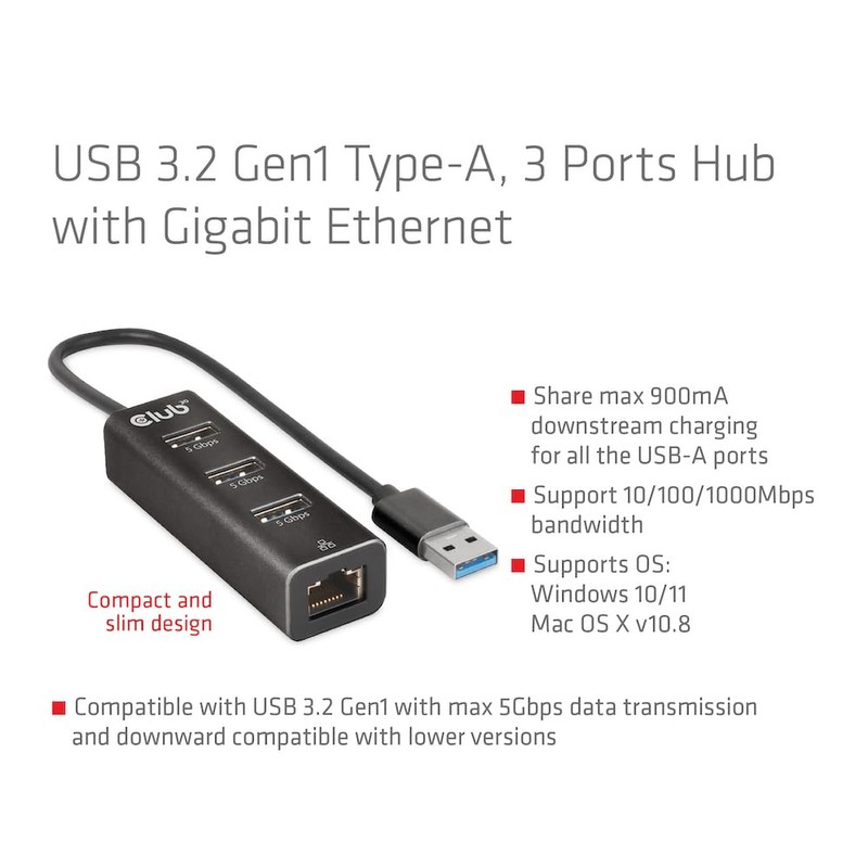 Club 3D CSV-1430A USB 3.2 Gen1 Type-A, 3 Ports Hub