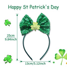 Xepeelo St. Patrick’s Day Bow Headband, Green Glitter Shamrock Hairbands for Women,Clover Hair Hoop,Ireland Festival Headpiece, Party Hair Accessories for St. Patrick’s Day, Parades