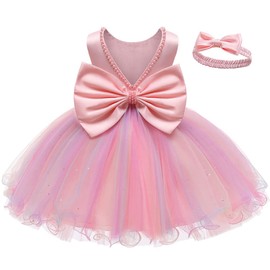 LZH Baby Girls Ruffle Lace Backless with Headwear,Bowknot Flower Dresses Pageant Party Wedding Shrimp Pink-A