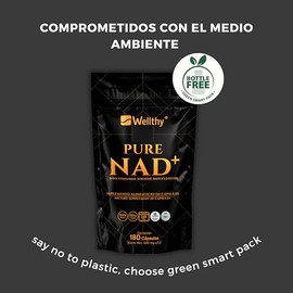 Wellthy Pure NAD+ 500mg 180 Cápsulas. B Nicotinamide Adenine Dinucleotide, 180 Porciones por Envase, 100% Puro, Vcaps Cápsulas Veganas, Bottle Free.