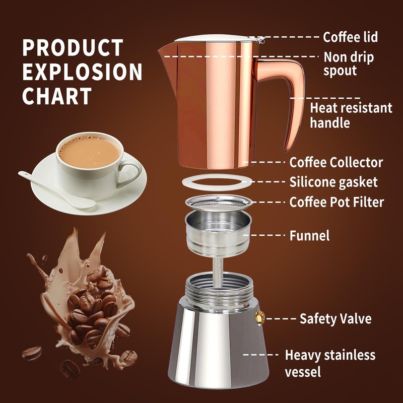 Stainless Steel Moka Pot Espresso Maker 6 Cups (10oz/300ml) -