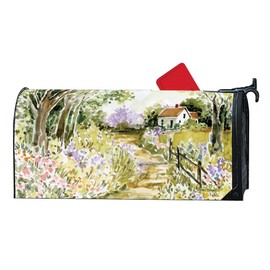 Studio M Fits Standard Size 6.5 x 19 Inch Mailbox Weather Resistant Vinyl The Original Magnetic Mailbox Cover, Decorative MailWrap Green Purple and Yellow Wooded Path to Cottage
