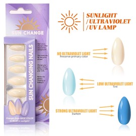 MrCuvaryas Colour-Changing Press On Nails Almond - French False Nails for Sticking, Natural Acrylic Artificial Nails, UV Reactive Artificial Nails for Women DIY, 24-05 (Blue Light Change, 24 Pieces)