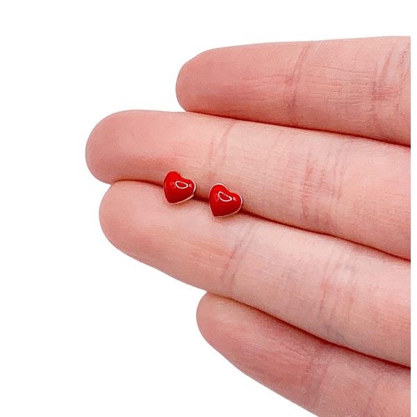 Tiny Red Heart Stud Earrings Sterling Silver Handmade