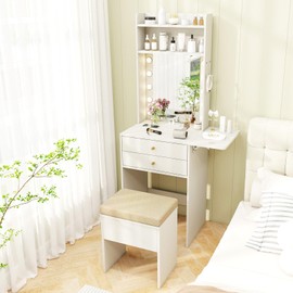 CHARMAID Small Vanity Desk with Mirror and Lights, White Makeup Vanity Table with Storage Bench, Drawers, Shelves, Foldable Side Table, Charging Station, Compact Vanity for Small Bedroom Narrow Space