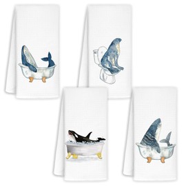 Jvpke Whale Shark Seal Coastal Beach Hand Towels for Bathroom Set of 4 - Nautical Hand Towels for Bathroom,Whale Decor, Nautical Beach Bathroom Decor,Ocean Bathroom Decor,16x24