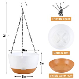 KPUVX 4 Pack Plastic Hanging planters for Indoor Plants,8 Inch Plant Pot Indoor Outdoor Hanging Baskets,Hanging Flower Pots with Drainage Holes and Chain for Garden Porch Plants(White)