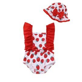 Toddler Girl Swimsuit One Piece Bathing Suit Strawberry Baby Swim Bathing Suit Short Sleeve Swimming Beachwear Red Toddler Swimsuit Girl 18-24 Months