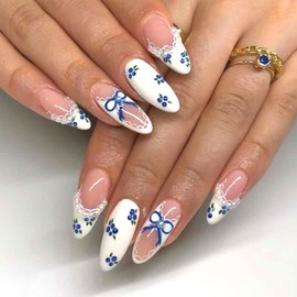 LWTZLW White French Tip Press on Nails Medium Almond False Nails with Pearl Bow Design Full Cover Glue on Nail Reusable Acrylic Fake Nails Glossy Artificial Stick on Nail for Women