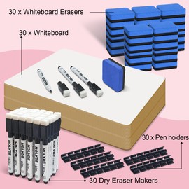 Set of 30 Dry Erase Boards, Double Sided Small Whiteboards for Kids, Students, Teacher & Classroom Pack, 9"x12" Mini Individual White Boards for Writing with 30 Markers, 30 Erasers, 30 Pen Holders