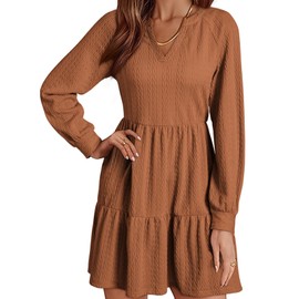 Dokotoo Summer Dresses for Women 2025 Casual Long Sleeve V Neck Textured Mini Dress Going Out Ruffle A-Line Swing Empire Waist Tiered Babydoll Flowy Dress Comfy Fashion Outfits Clothes Brown Large