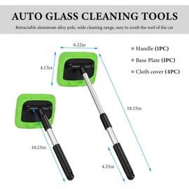 NYTKL Car Windshield Cleaner Tool, Detachable Car Window Cleaner with Aluminum Extendable Handle & 2 Reusable Cloth Pads, Washable Vehicle Windshield Cleaning Wand for Exterior (Green)