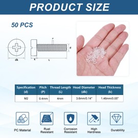 sourcing map 50Pcs Clear Acrylic Screws, M2x4mm PC Plastic Phillips Round Head Screw Metric Coarse Thread Bolts for Machine Accessories, Transparent