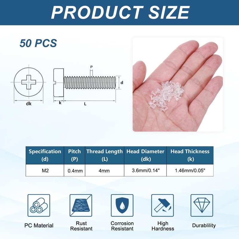sourcing map 50Pcs Clear Acrylic Screws, M2x4mm PC Plastic Phillips