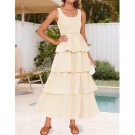 ZESICA Women's 2025 Summer Boho Sleeveless Midi Dress Scoop Neck Ruffle Tiered Layered Swing Long Beach Vacation Dresses,Apricot,Small