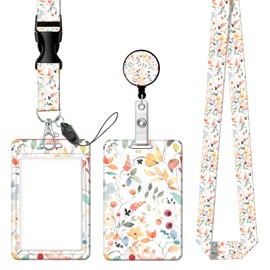 Badge Reels Retractable with Carabiner Reel Clip, ID Name Tag Work Badge Holder Belt Ferrule, Identity ID Badge Holder Cover Case for Office Work Nurse Teacher Student Gifts(Spring Flowers Leaves)