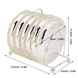 Coasters Set of 6, 10cm European Style Retro Metal Coaster with Holder, Non Slip Cup Mats Tabletop Display for Home, Bar, Kitchen, Coffee Table Decoration(Silver)