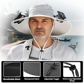 FishTrip Wide Brim Solar Fan Hat, Outdoor Sun Hat with 2 Solar Power Fan for Men Women UPF 50+ Sun Breathable Bucket Fishing, Light Gray, 2