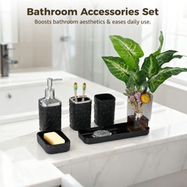 5 Pcs Bathroom Accessories Set, Heart Embossed Lotion Dispenser, Toothbrush Holder, Tumbler, Soap Dish and Tray, Plastic Vanity Countertop Accessory Set for Bathroom