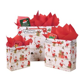 SHIPKEY 12 Pack Christmas Gift Bags, Santa Bags with Tissue Paper and Greeting Cards Christmas Treat Bags Assorted Sizes