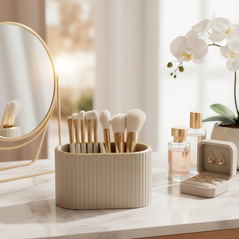 KINGFOM Makeup Brush Holder Organizer with Divider, PU Leather Vanity