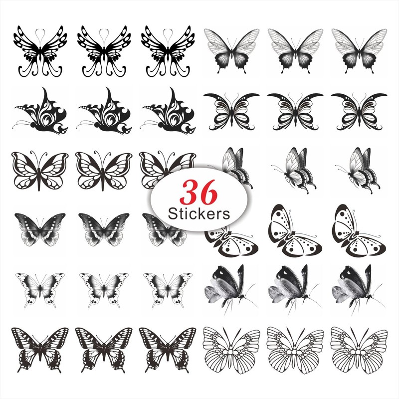 Womaha Black Butterfly Series 36 Sheets Butterfly Temporary Tattoos for