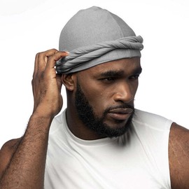 XYIYI Grey Silk Satin Lined Turban Head Wrap for Men Women, Pre-Tied Head Scarf Skull Cap Sleeping Bonnet Hair Cover