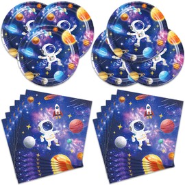 Egami - 40 piezas de suministros para fiesta de cumpleaños en el espacio exterior, incluye 20 platos de postre y 20 servilletas, utilizado para decoración de fiestas del sistema solar (espacio)