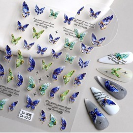 Butterfly Nail Art Stickers Decals 5D Embossed Butterfly Nail Decals Acrylic Engraved Design Nail Stickers Blue and Green Butterfly Self-Adhesive Nail Art Supplies for Spring Manicure Nail Decoration