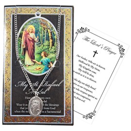 Trendzeen St Raphael Pendant Necklace With Lord's Prayer Card - Genuine Pewter Medallion - Saint Necklace for Men and Women - Patron Medal Jewelry, 2 Items Set