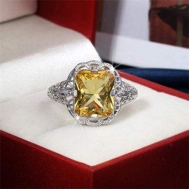 925 Sterling Silver Shining Citrine Ring Square Perfect Cut 3Ct Cubic Zirconia Promise Rings CZ Yellow Gemstone Solitaire Ring Eternity Engagement Wedding Band Ring Sets for Women TZ.74 (US Code 8)