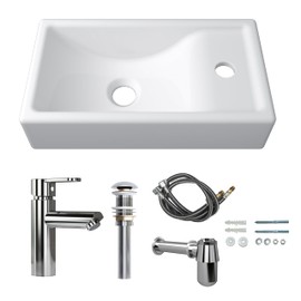 MEJE 16-Inch Wall Hung Basin Sink Combo, Small Cloakroom Basin, Rectangle Ceramic Bathroom Wash Basin - Right Hand Sink Set (Include Faucet & Pop-up Drain)