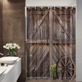 Jipusai Jipusai Rustic Barn Door Shower Curtains, Western Vintage Farmhouse Wood Board Shower Curtain Sets for Bathroom Decor, Brown Wooden Country Bath Curtain with Hooks, 48X70IN
