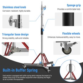 LOMTAP LOMTAP C Stand with Boom Arm, Stainless Steel Photography Heavy Duty Light Stand, 10ft/3m Adjustable Height, Mobile Wheeled Base with Spring Buffer for Studio Equipment