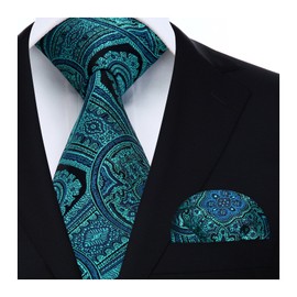 HISDERN Floral Paisley Wedding Tie Handkerchief Men's Necktie & Pocket Square Set (Aqua & Green)