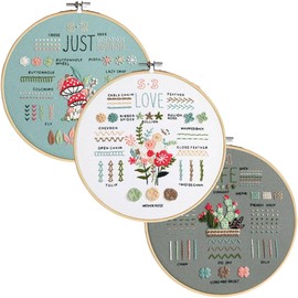 Kit de Bordado DIY, 3 Aros Decorativos con Patrones de Flores y Cactus, 10 Hilos de Colores, Instrucciones y Accesorios