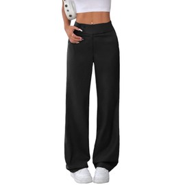 EVALESS Women's Elastic High Waist Straight Leg Pants Business Casual Work Pants Fall 2025 Button Down Zip Up Office Outfits Trousers with Pockets Black Medium
