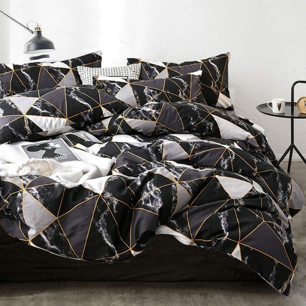 Cottonight Black Comforter Set Golden King Marble Bedding Comforter Set for Teens Microfiber Inner Fill Comforter Lightweight Geometric Triangle Pattern Stylish Comfy