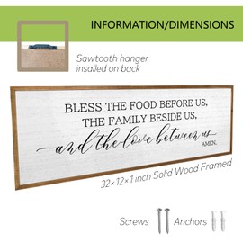 Bless the Food Before Us Wall Decor Sign 32"X12" Large Rustic Farmhouse Dining Room Wooden Framed Signs Modern Kitchen Vintage Home Inspirational Wall Art Hanging Decoration (Wood)